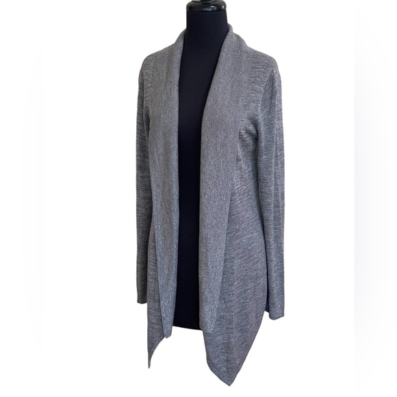 Cache’ Gray Silver Metallic Cardigan Sweater Sz M High Low Hemline Shimmer - Picture 5 of 14